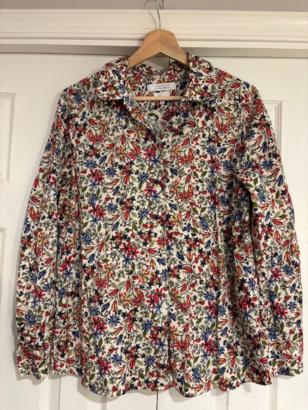 Foxcroft Floral Button-Down Shirt in Red, Blue, Green on Cream